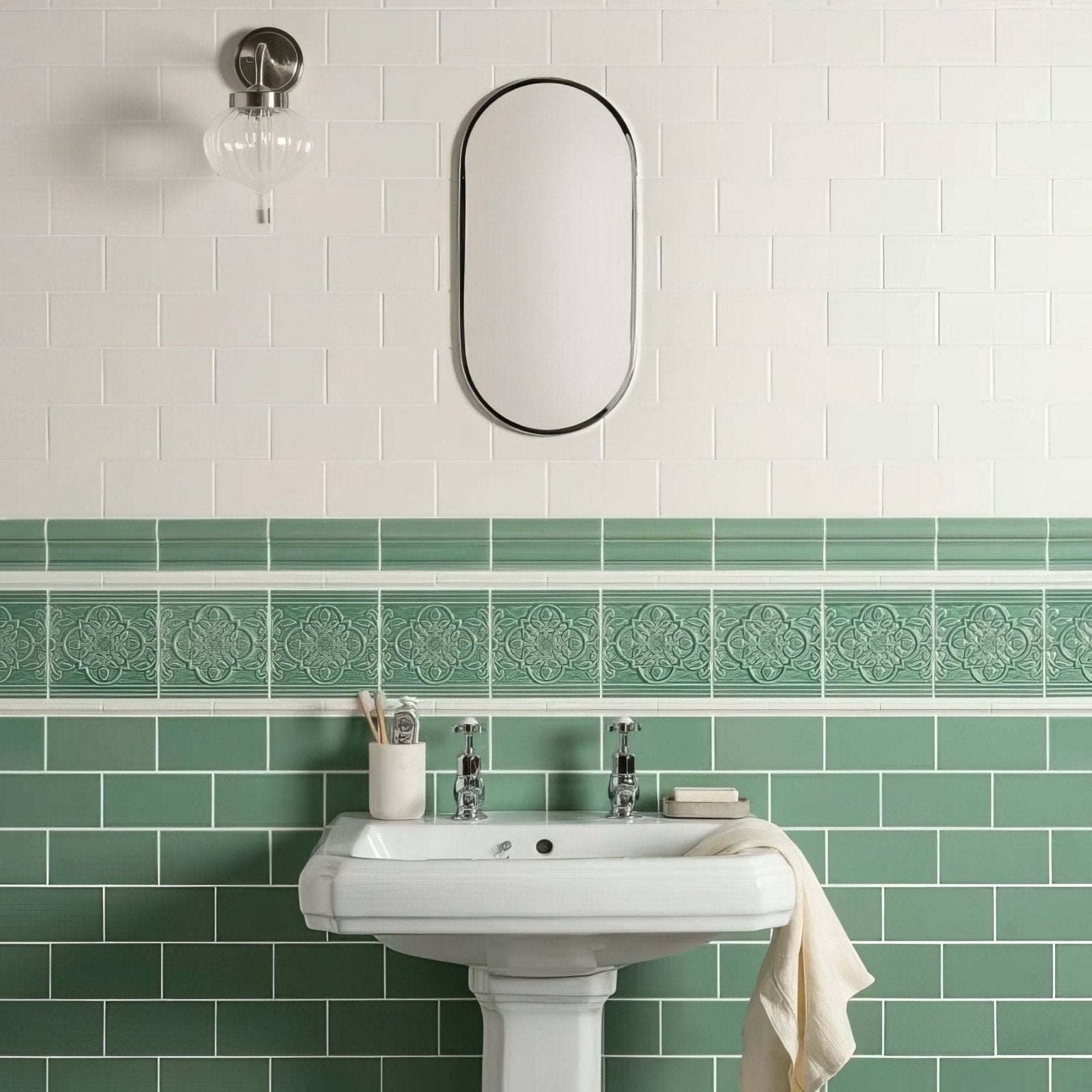 White pedestal sink st james on jade breeze with chrome faucets and beige towel draped over edge