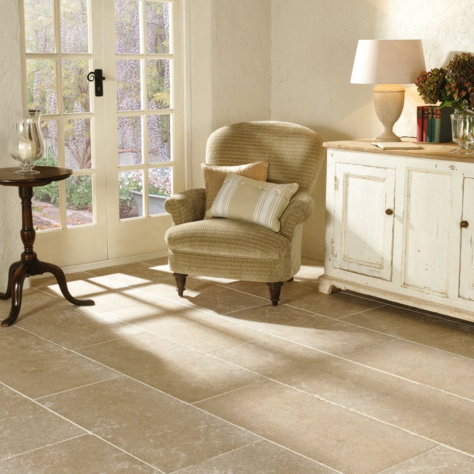 Beige stone effect floor tiles with subtle textured finish st sernin tumbled limestone 400 x 400mm