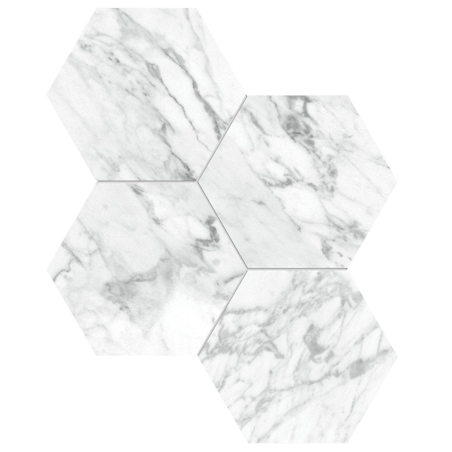 Statuarietto honed hexagon mosaic white marble effect tiles with gray veining for elegant wall and floor decor