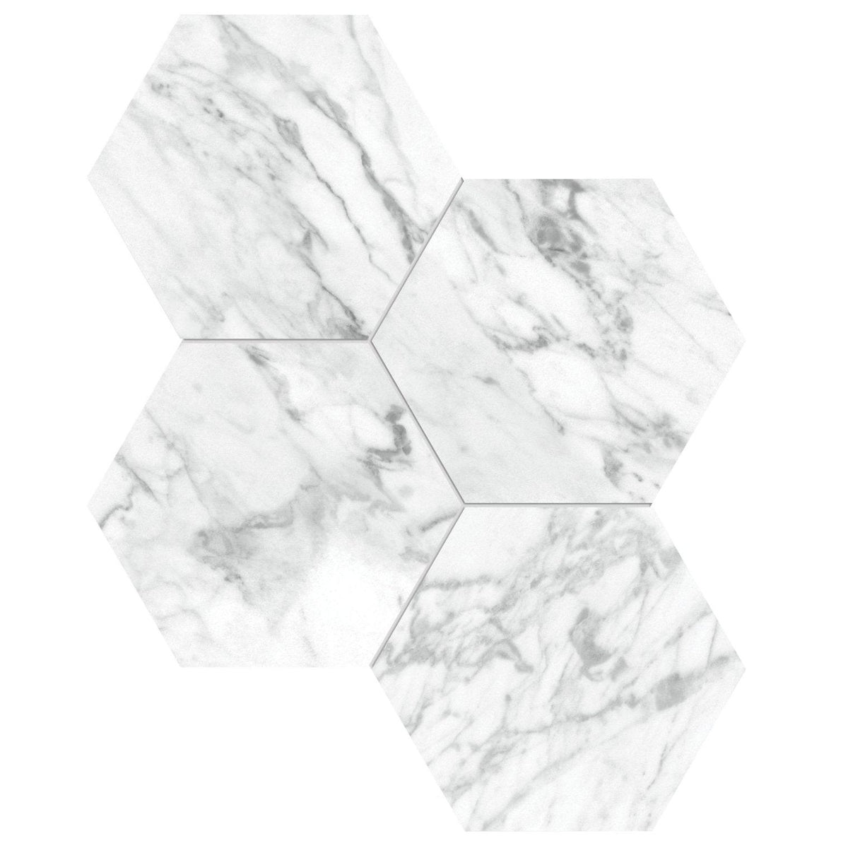 Statuarietto honed hexagon mosaic white marble effect tiles with gray veining for elegant wall and floor decor