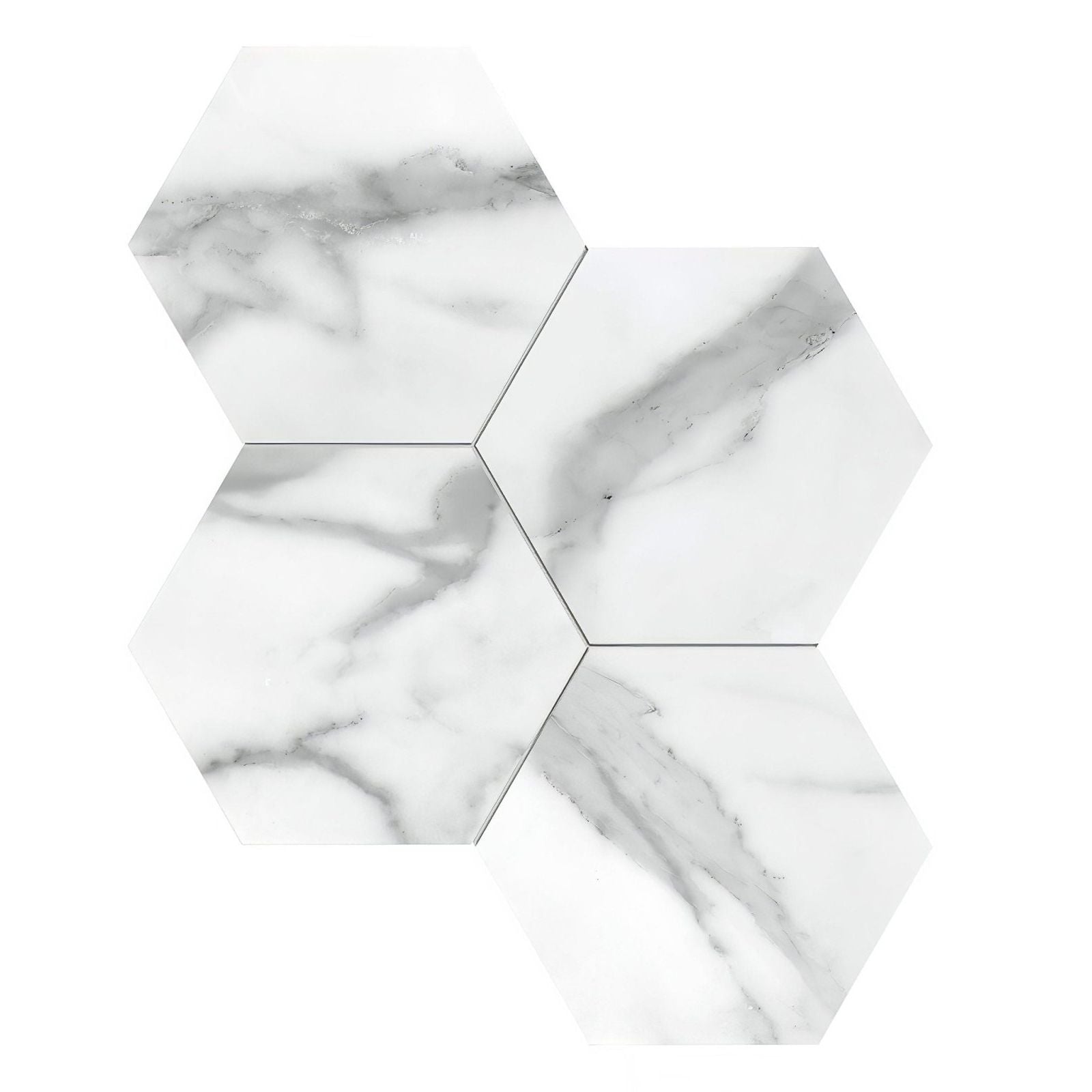 White hexagonal marble effect honed mosaic tiles with gray veining from statuarios nuovo collection