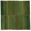 Set of twelve rectangular green stone glaze ceramic british green gloss brick tiles with subtle shade and texture variations