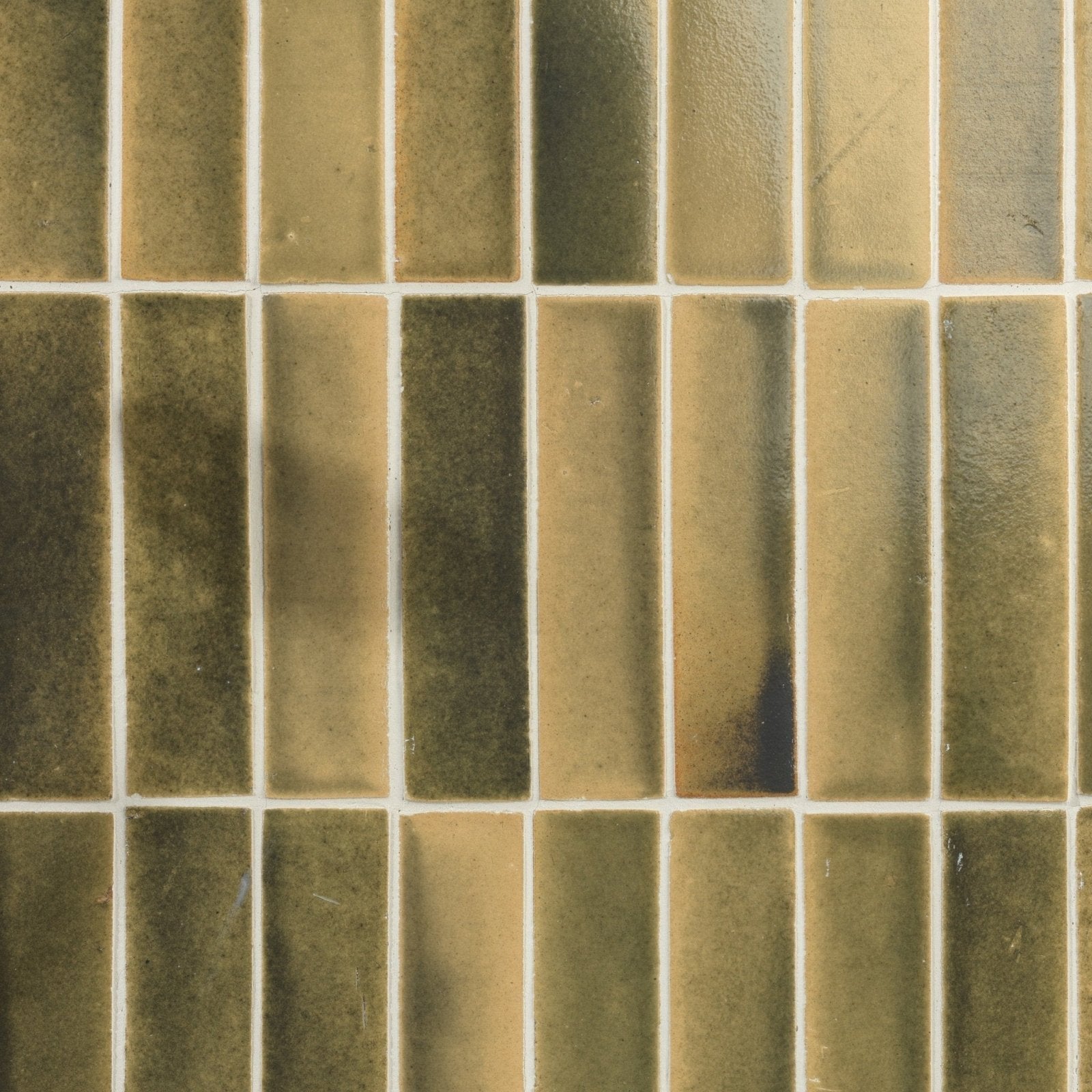 Stone glaze ceramic lemongrass gloss brick featuring olive-green rectangular glass mosaic tiles with glossy finish and white grout lines