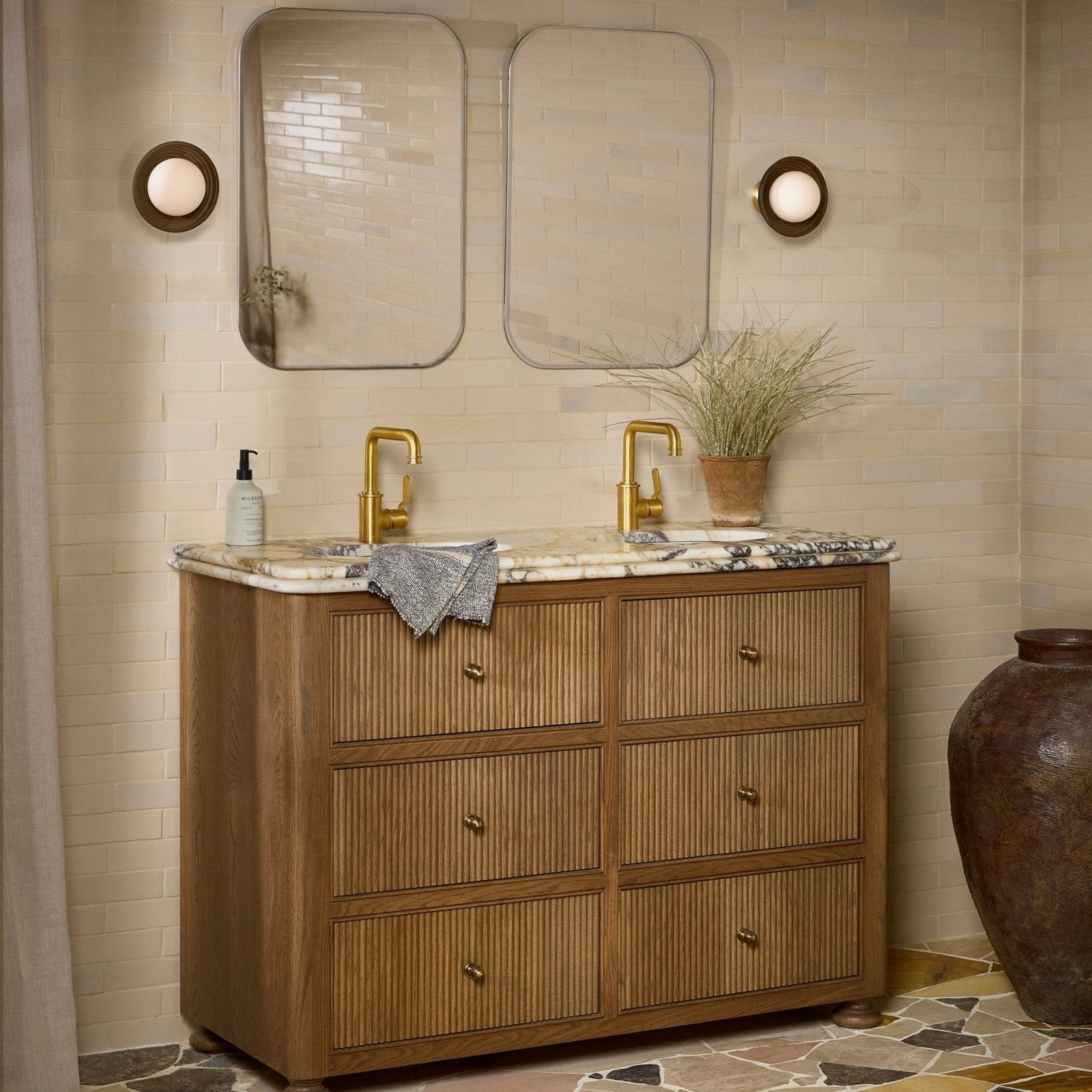 Stone Glaze Ceramic Linen Gloss Brick cream glazed brick tiles behind a vanity