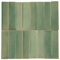 Set of twelve rectangular green ceramic stone glaze menthol gloss brick tiles arranged in a grid pattern