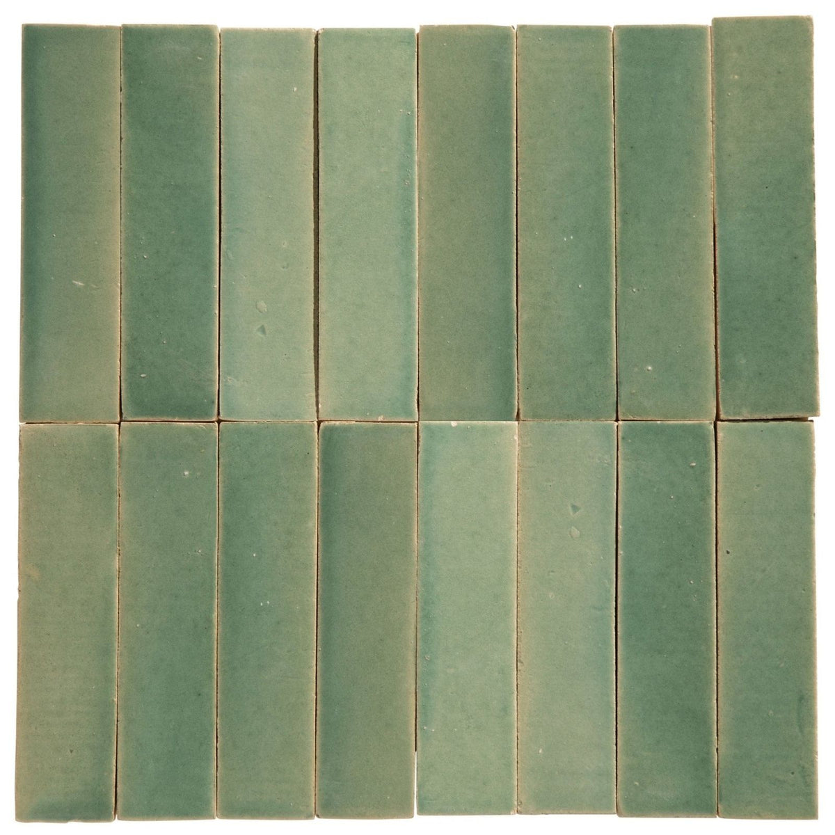 Set of twelve rectangular green ceramic stone glaze menthol gloss brick tiles arranged in a grid pattern