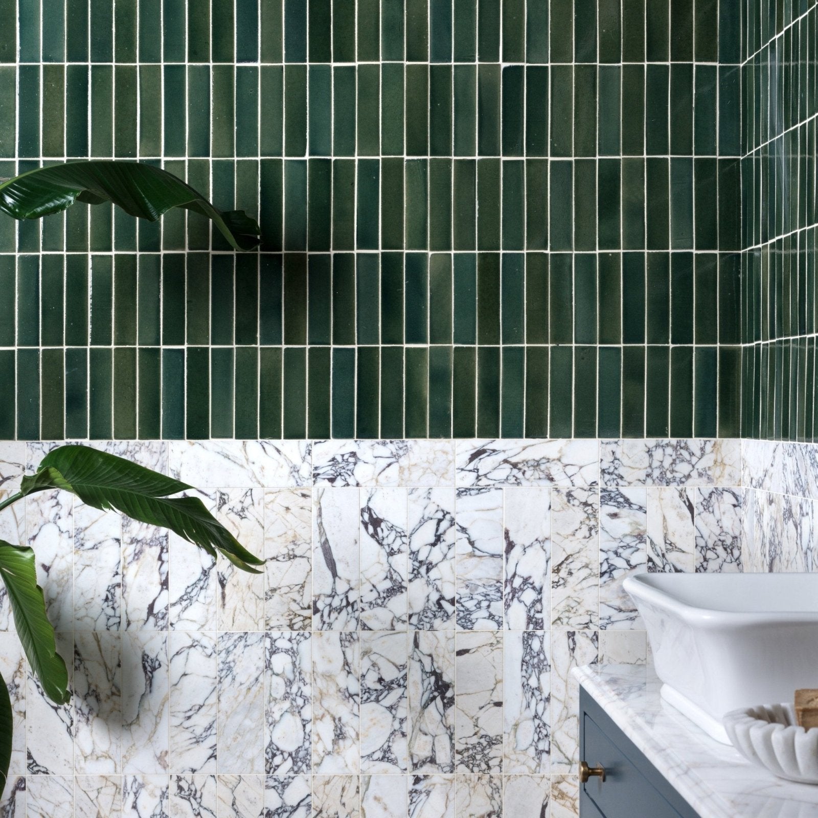 Deep green glossy stone glaze ceramic petrol green gloss brick tiles on upper wall section in rectangular shape