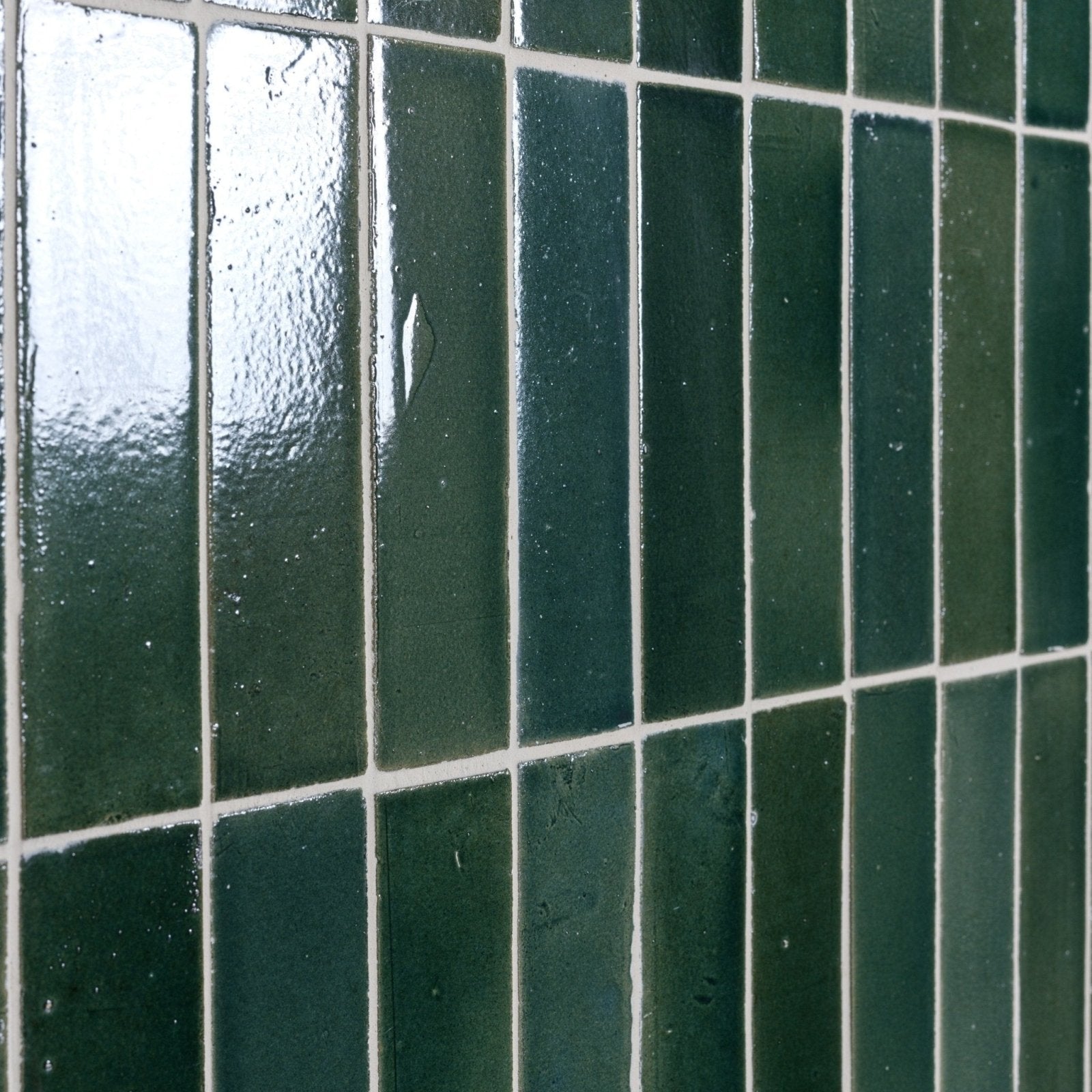 Dark green rectangular stone glaze ceramic petrol green gloss brick tiles with glossy finish and white grout lines