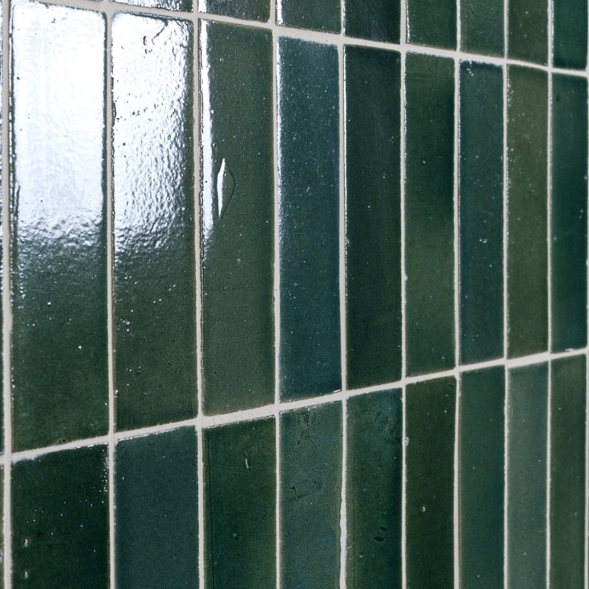 Dark green rectangular stone glaze ceramic petrol green gloss brick tiles with glossy finish and white grout lines
