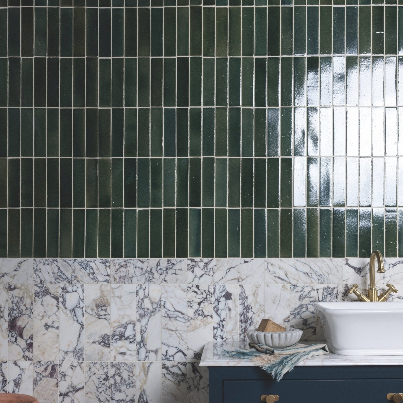 Dark green rectangular stone glaze ceramic petrol green gloss brick tiles with glossy finish on upper wall section