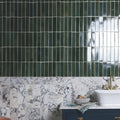 Dark green rectangular stone glaze ceramic petrol green gloss brick tiles with glossy finish on upper wall section