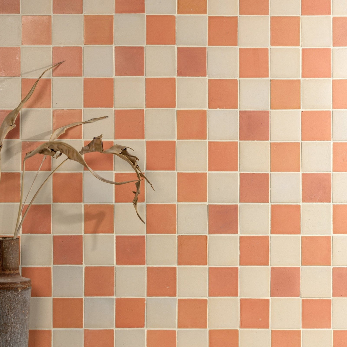 Coral and cream stone glaze ceramic terra matt square mosaic tile wall featuring a matte finish and natural texture