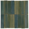 A set of stone glaze ceramic winter pond gloss brick tiles in deep green and blue shades arranged in a grid pattern