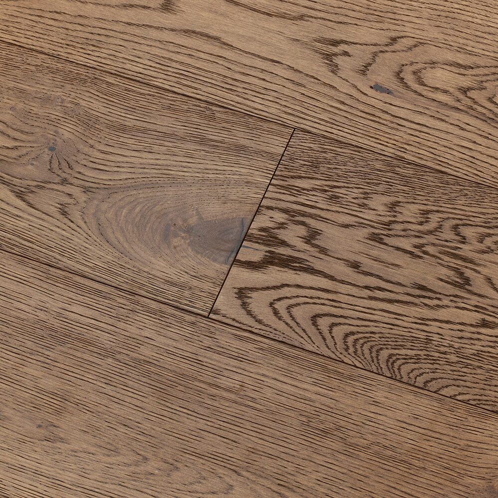 Dark brown stonehaven stream oak hardwood flooring with natural wood grain pattern and visible knots