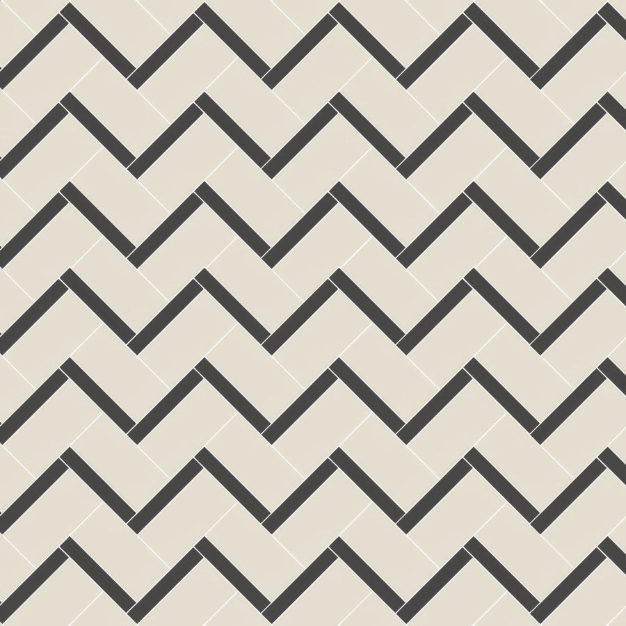 Beige and black herringbone patterned tile flooring from stornoway black and dover white collection