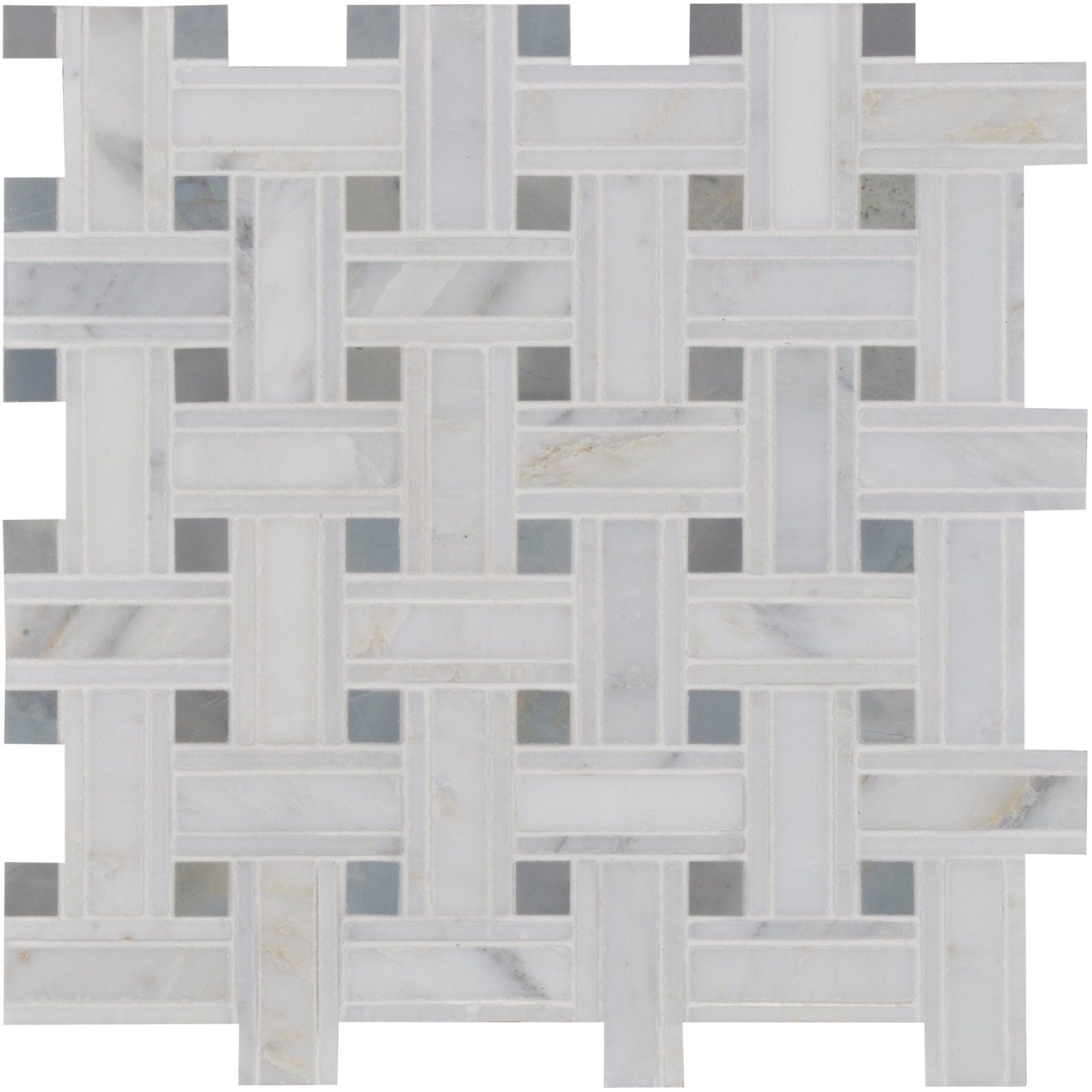 Stratus basket weave stone mosaic featuring white and gray marble tile in a woven basketweave pattern