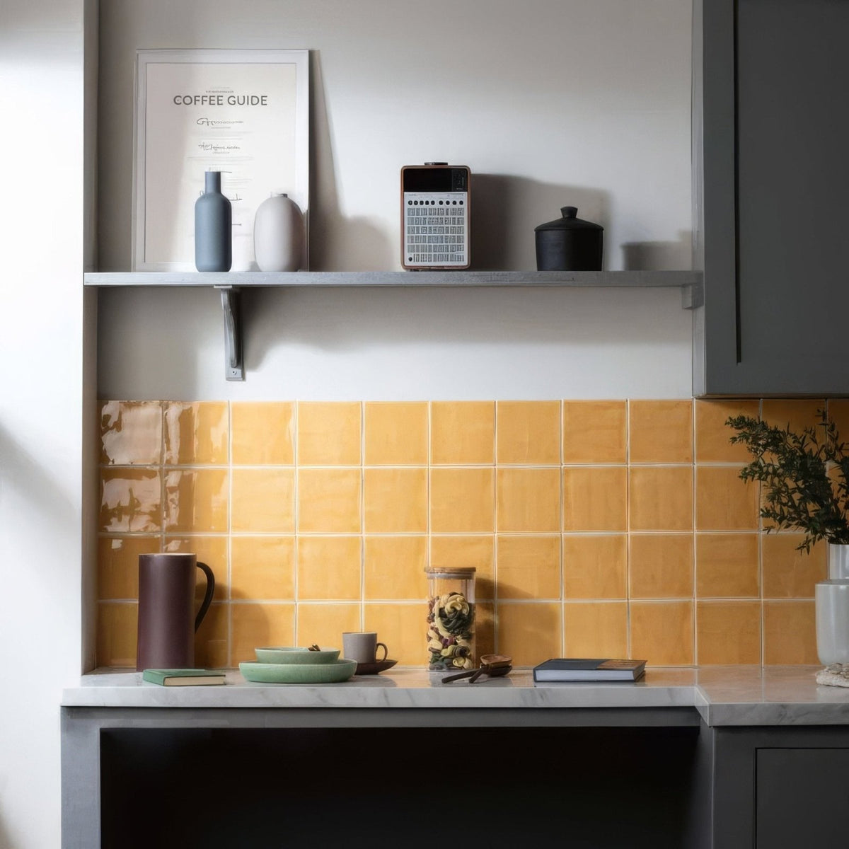 Warm amber ceramic straw field tile with glossy finish used as backsplash for kitchen or bathroom walls