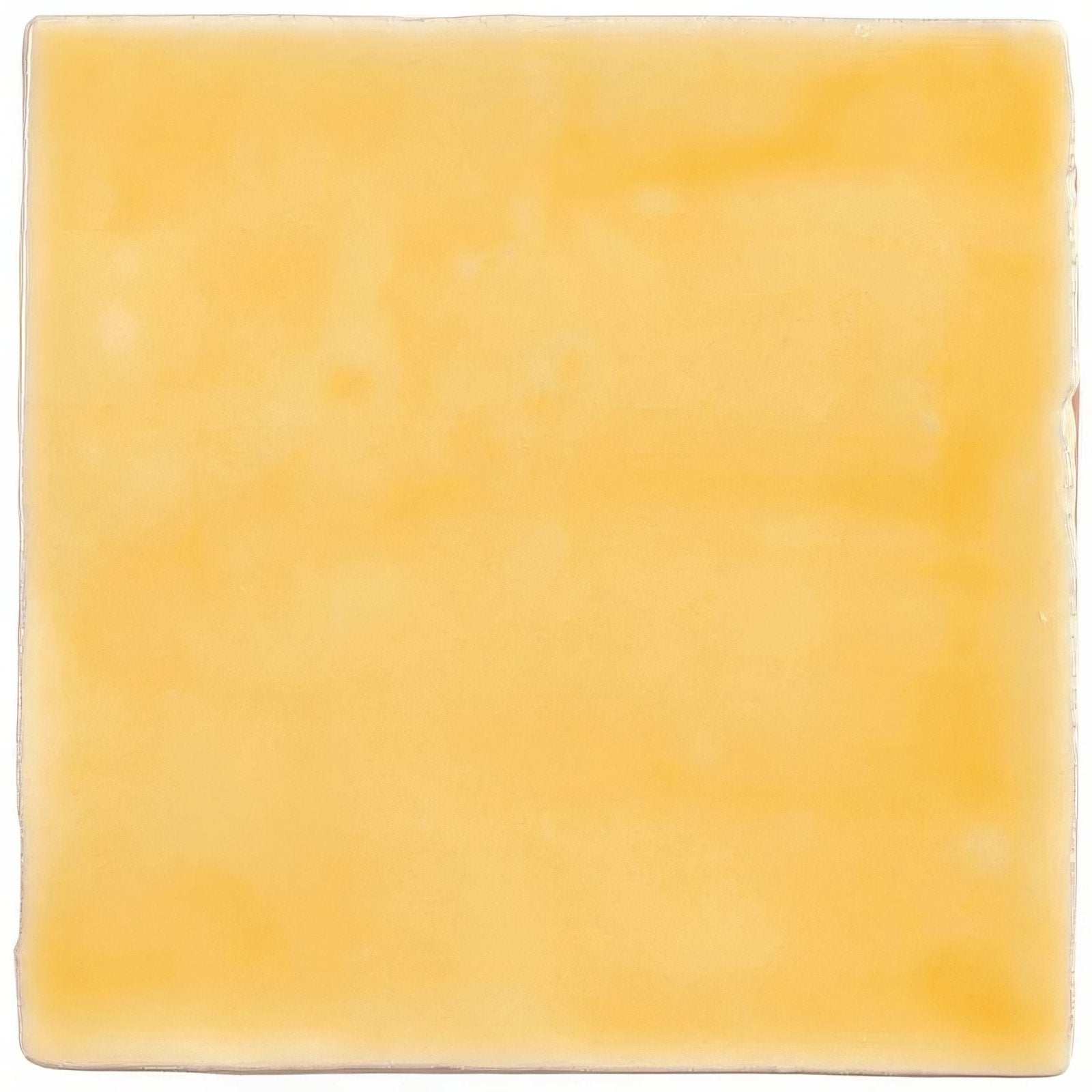 A square slice of straw field tile yellow cheese with a smooth slightly glossy surface and natural hue variations