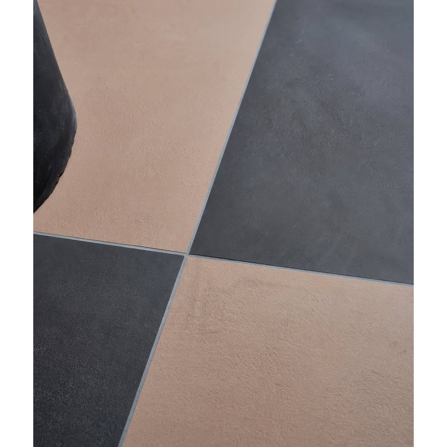 Black and beige stucco porcelain textured umber square tiles with a matte textured finish for flooring or walls