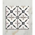 Studio abbey blue ceramic white tile with black and gray ornate quatrefoil pattern for interior use