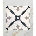 Studio abbey blue ceramic square tile with white base and black gray fleur-de-lis pattern in ceramic material