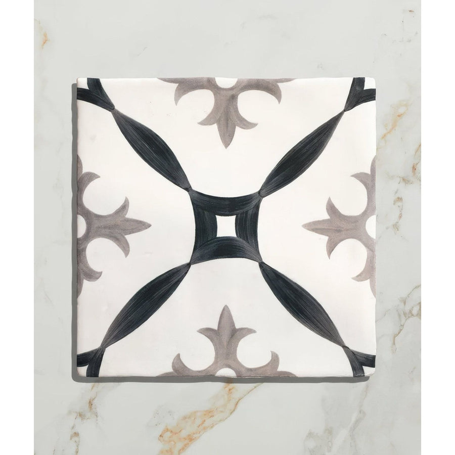 Studio abbey blue ceramic square tile with white base and black gray fleur-de-lis pattern in ceramic material