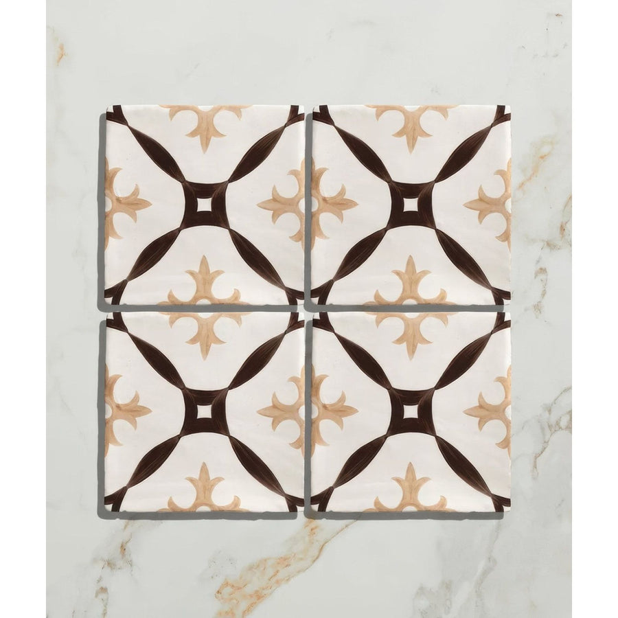 Studio abbey brown ceramic four square white tiles with dark brown lines and beige floral motifs in geometric patterns