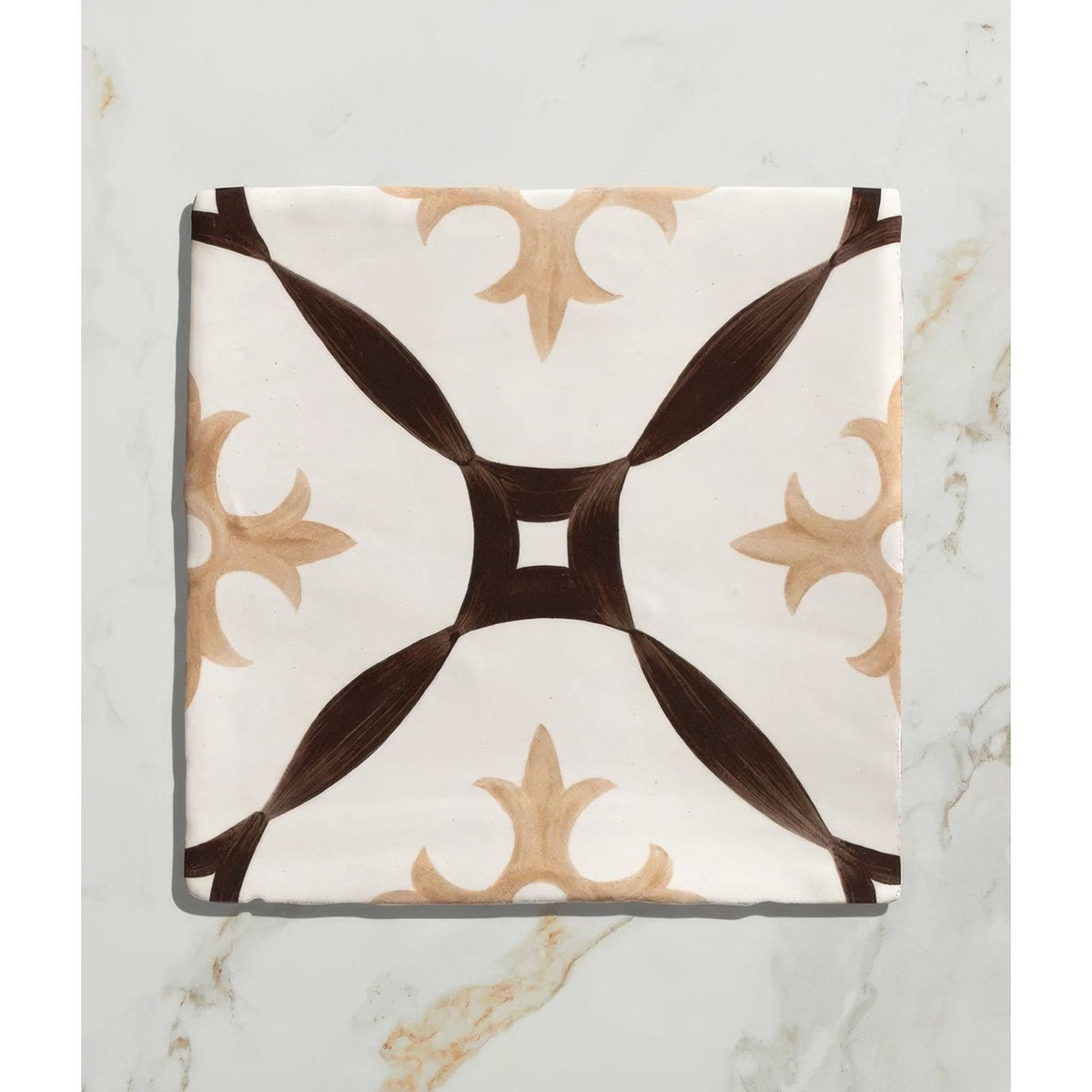 Studio abbey brown ceramic square tile with white base and dark brown tan ornate cross like decorative pattern