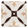 Studio abbey brown ceramic square tile with white base and dark brown tan fleur-de-lis cross pattern design