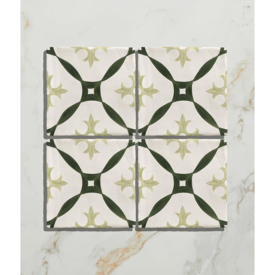 Studio abbey green ceramic white ceramic tiles with repeating dark green and pale sage geometric pattern