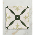 Square studio abbey green ceramic tile with white base dark green leafy patterns and olive green ornate design