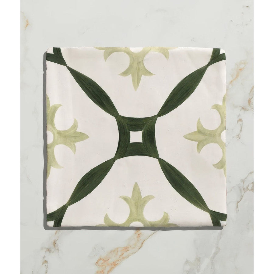 Square studio abbey green ceramic tile with white base dark green leafy patterns and olive green ornate design