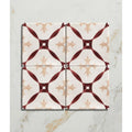 Four-square set of studio abbey red ceramic white tiles with maroon and beige geometric patterns