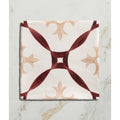 Studio abbey red ceramic square tile with white base and symmetrical deep burgundy and beige floral cross pattern