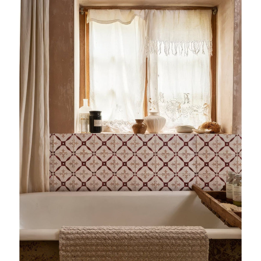Patterned studio abbey red ceramic bathroom tile with a beige and burgundy geometric design