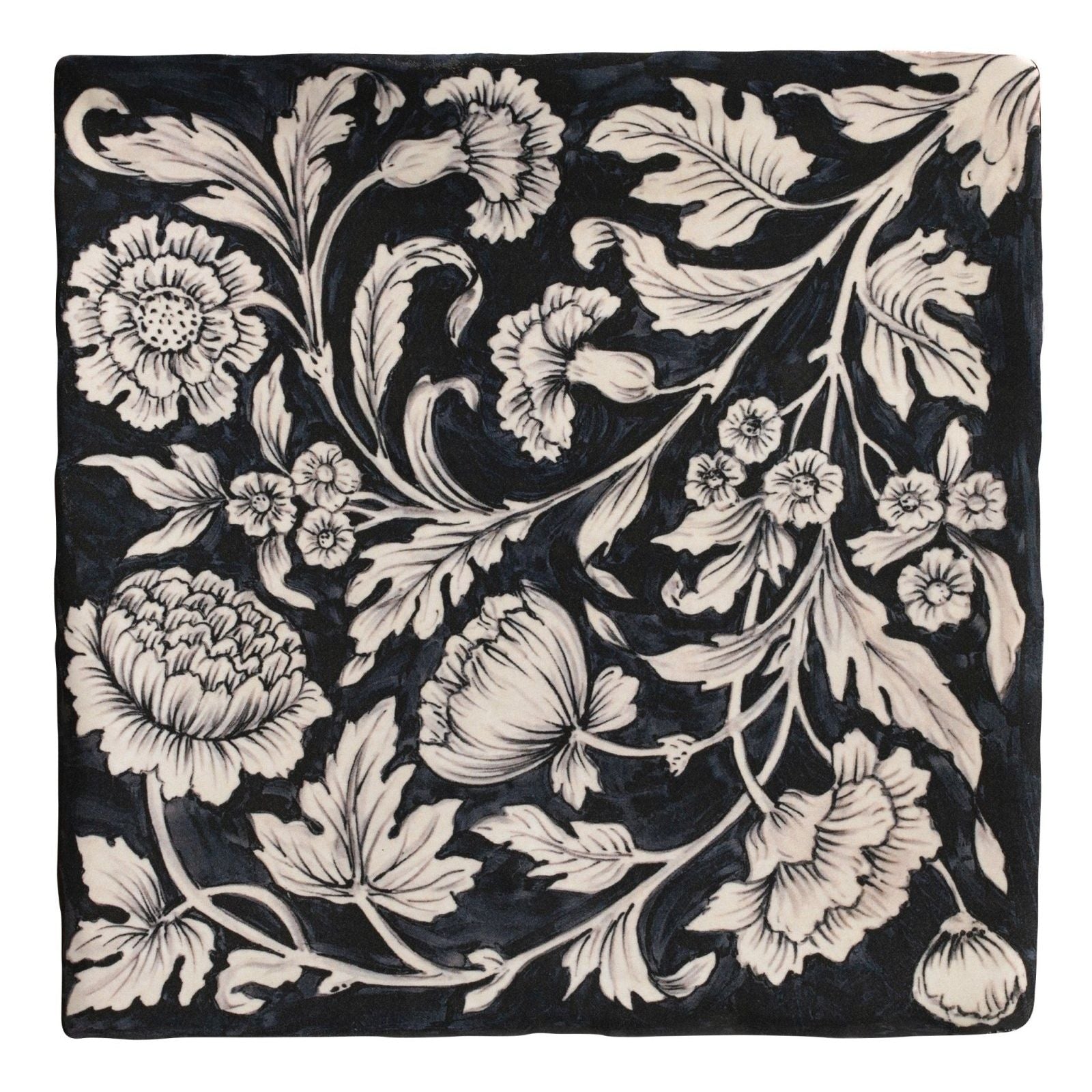 Black square scarf featuring intricate white floral and leaf patterns in a vintage studio assisi blue ceramic design