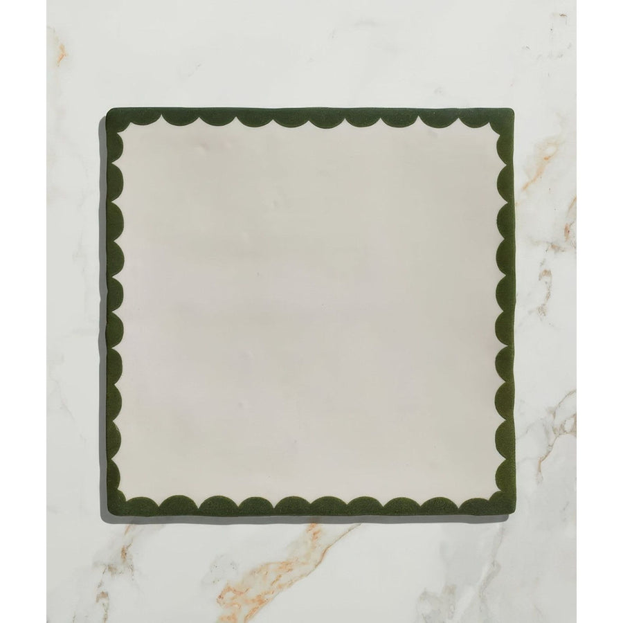 Studio bobbin ceramic holly olive green scalloped-edge square placemat with cream-colored center for dining use
