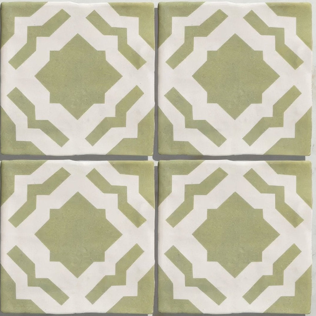 Four square studio cassius light green ceramic tiles with sage green and white geometric pattern