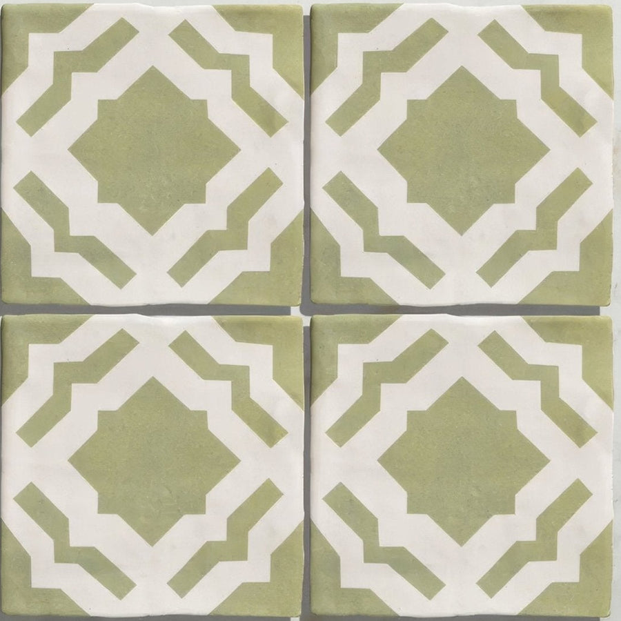 Four square studio cassius light green ceramic tiles with sage green and white geometric pattern