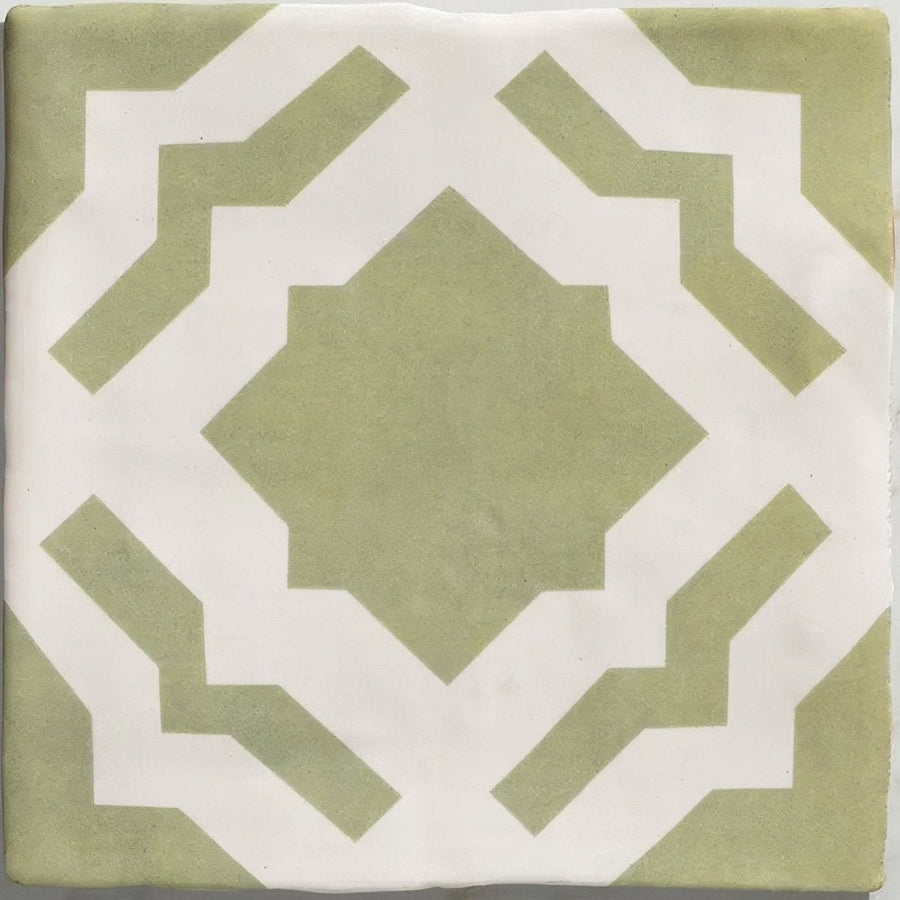 Studio cassius light green ceramic square tile with sage green and white geometric pattern for wall or floor use