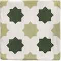 Studio cosmos jardin ceramic square tile with white base and geometric dark green eight-pointed star pattern