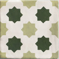 Studio cosmos jardin ceramic square tile with white base olive green accents and dark forest green star motifs