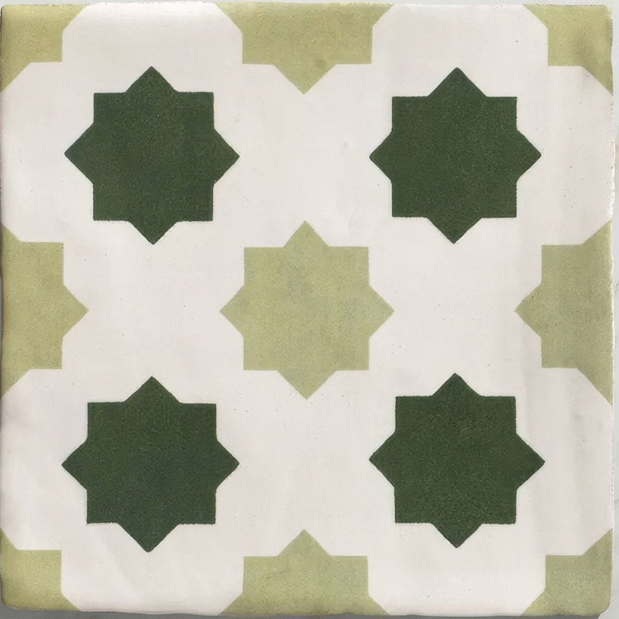 Studio cosmos jardin ceramic square tile with white base olive green accents and dark forest green star motifs