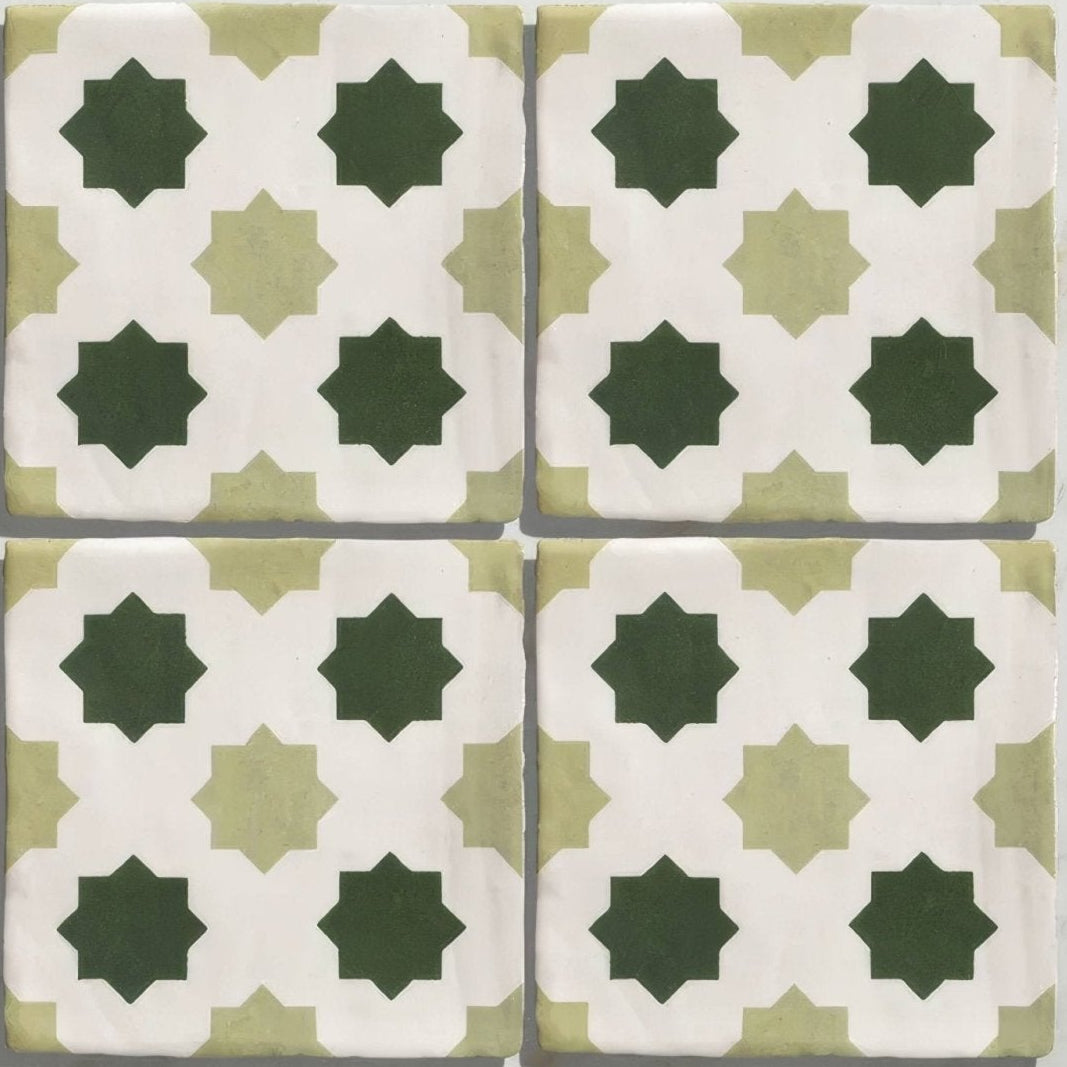 Square ceramic studio cosmos jardin tile with white base olive green accents and dark forest green star patterns