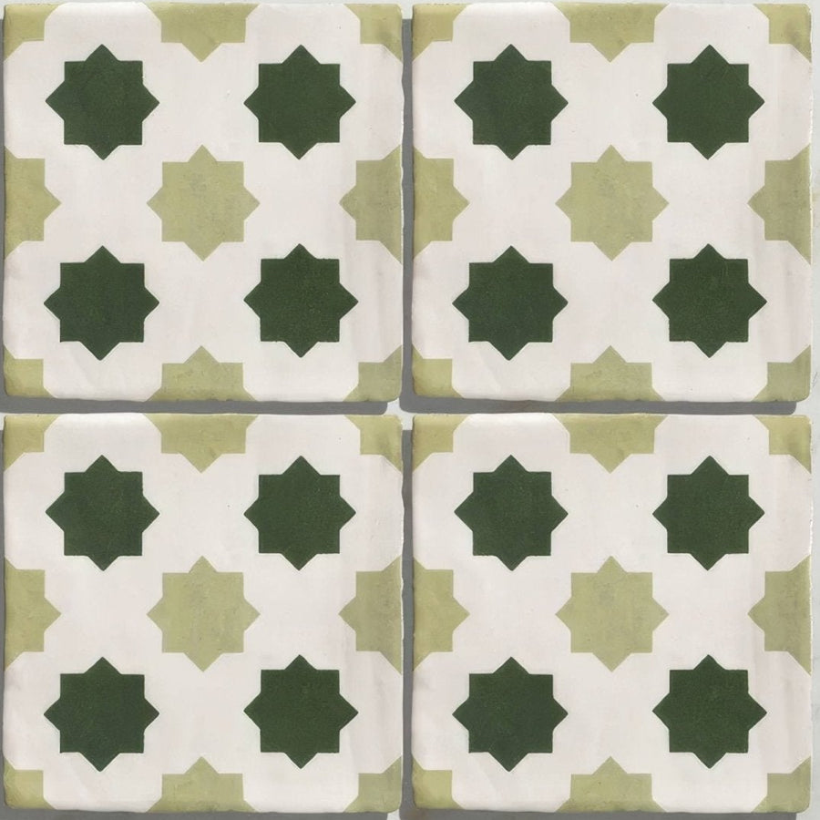 Square ceramic studio cosmos jardin tile with white base olive green accents and dark forest green star patterns