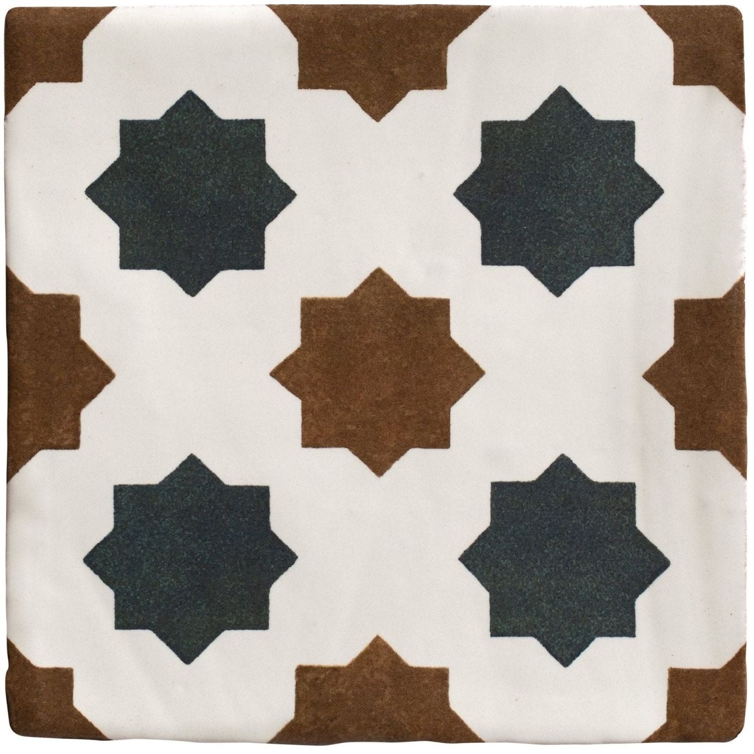 Studio cosmos midnight ceramic square tile with dark gray and brown star pattern on white ceramic background