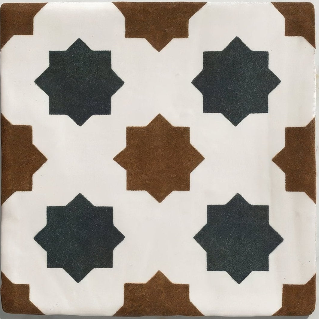 Studio cosmos midnight ceramic square tile with black and brown geometric star pattern on white background
