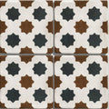Studio cosmos midnight ceramic tiles with white and brown geometric patterns and black star-shaped accents