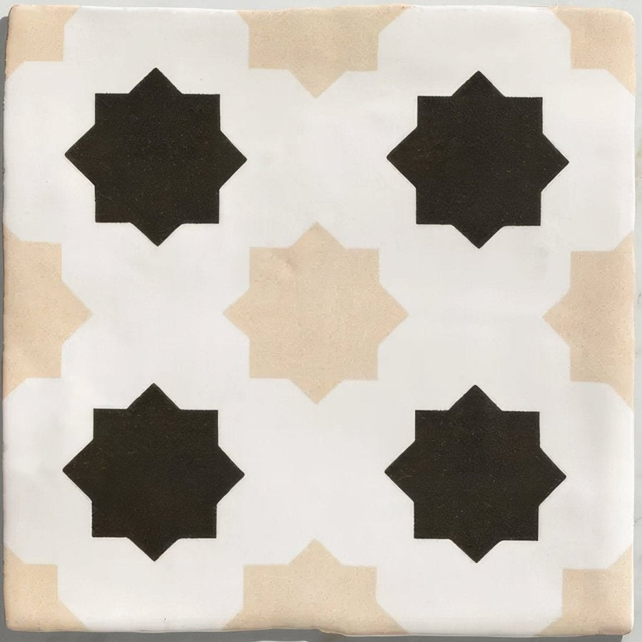 Studio cosmos sand ceramic white tile with black and beige geometric star pattern made of ceramic material