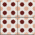 Studio cosmos zagora ceramic four square tiles with deep red and soft peach star geometric pattern on white background